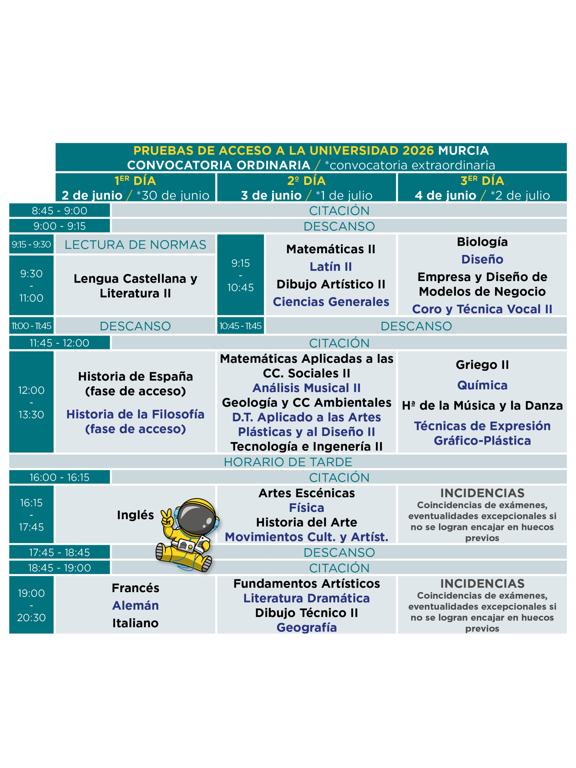 HORARIO SELECTIVIDAD PAU 2026 4 murcia