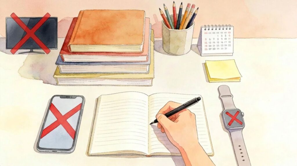 escritorio ordenado para estudiar sin distracciones