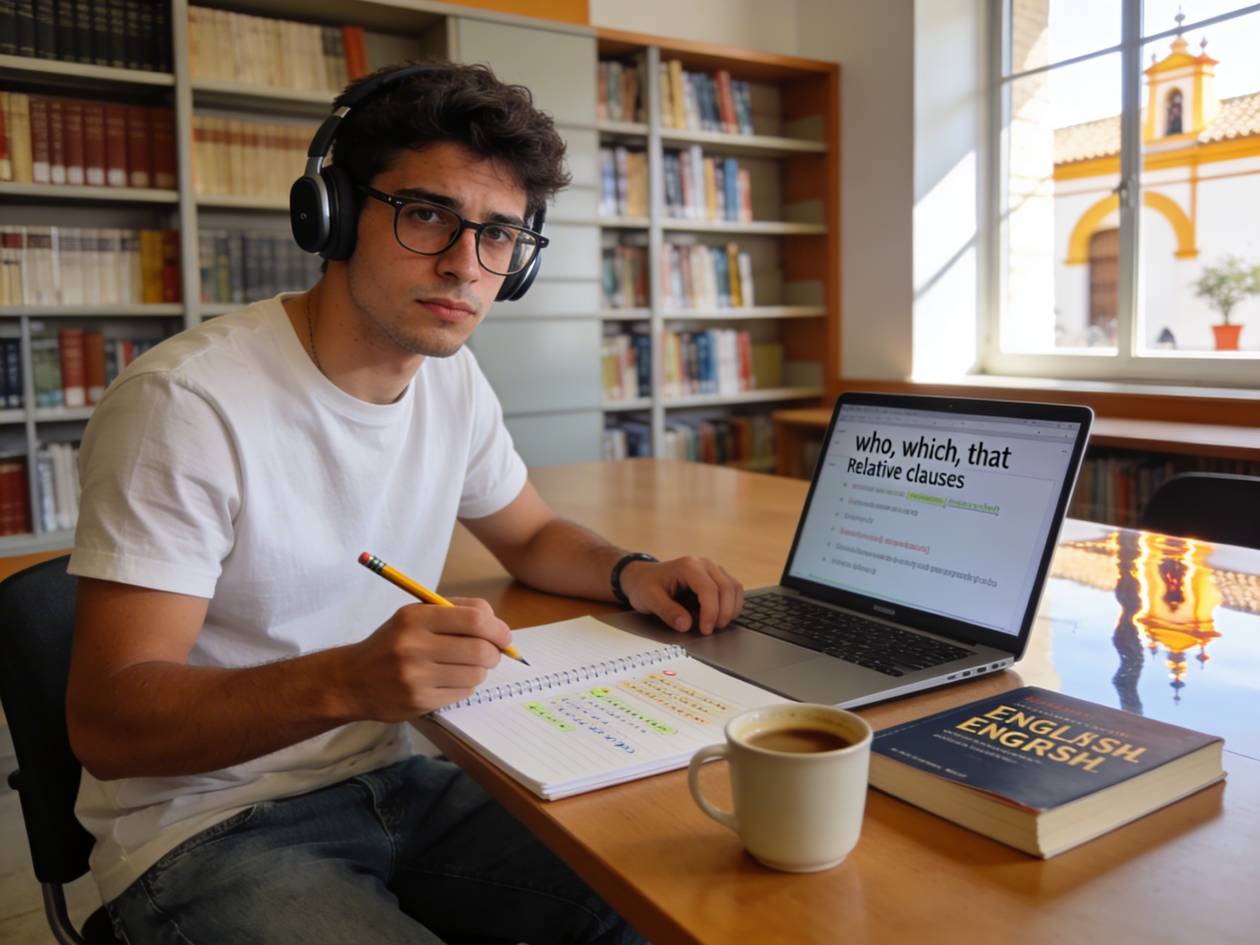 joven aprendiendo las relative Clauses en inglés frente a un ordenador