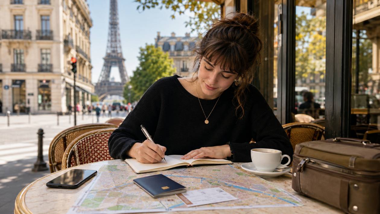 Mujer aprendiendo vocabulario básico en francia en cafeteria tipica francesa
